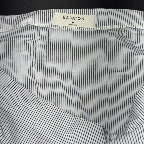 Babaton Aritzia Cold Shoulder Blue Stripe Preppy Quiet Luxury Designer Blouse M - Picture 4 of 14